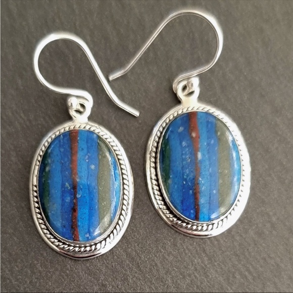 Boho Rainbow Calsilica Earrings, Large Oval Stone Earrings NWT - Picture 5 of 9